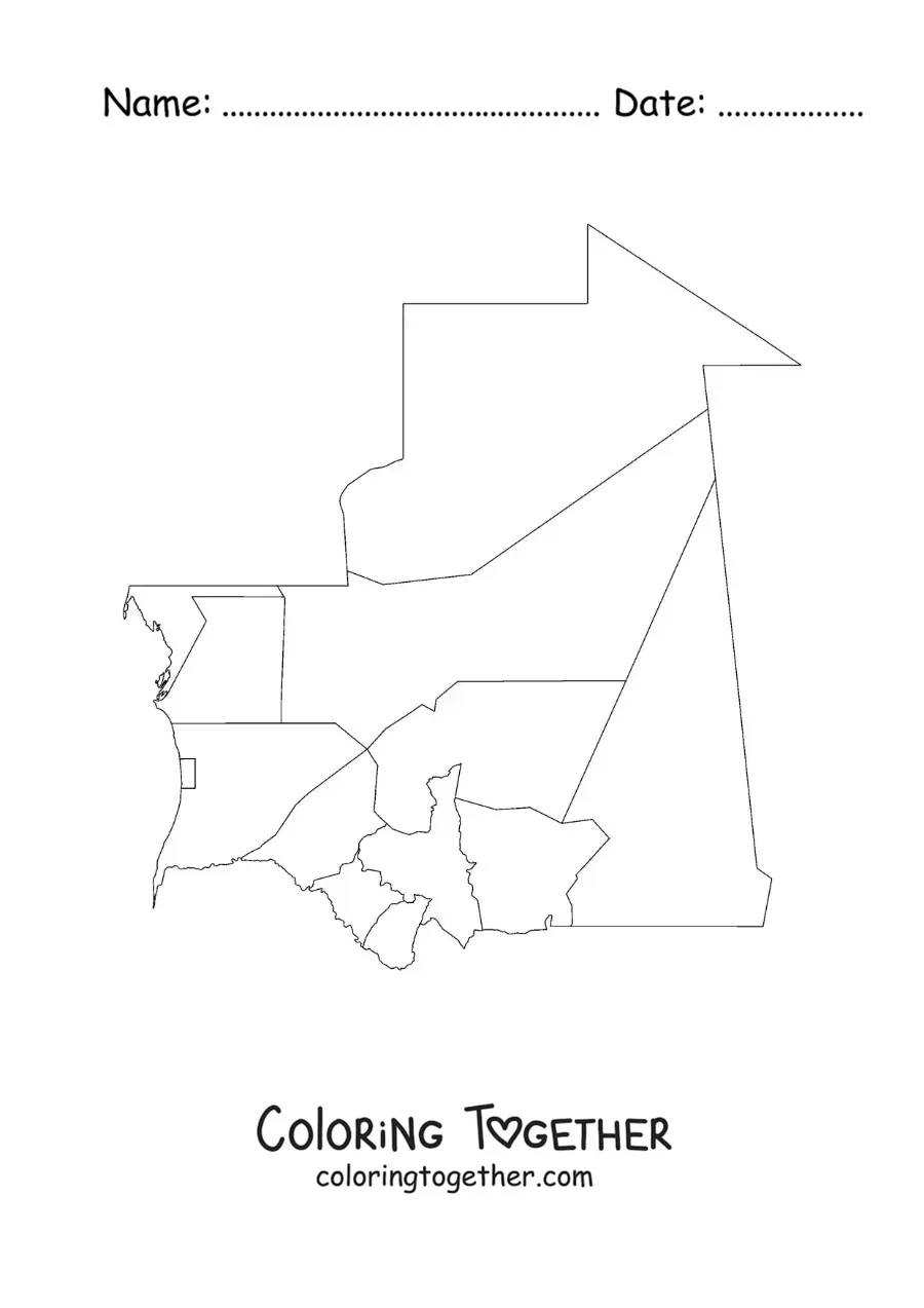 Coloring page of a political map of Mauritania
