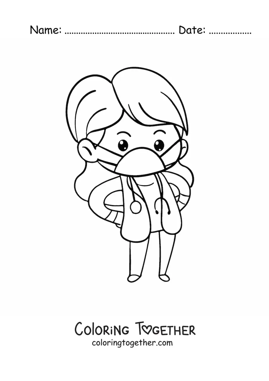 Coloring page of a kawaii female doctor with a face mask and a stethoscope