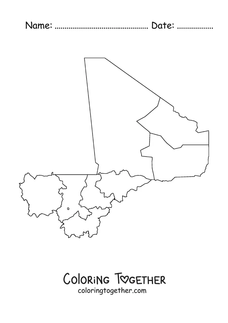 Coloring page of a political map of Mali
