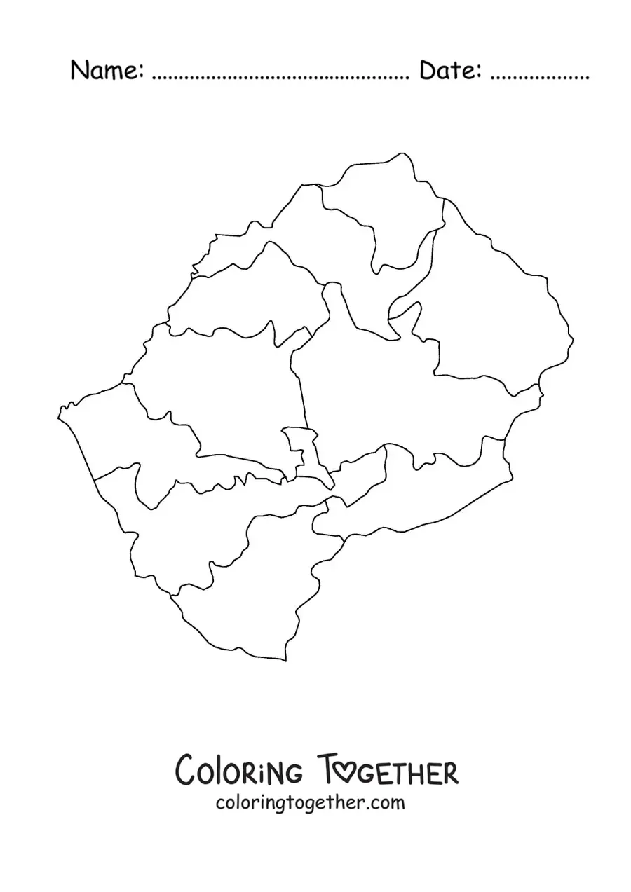 Coloring page of a political map of Lesotho