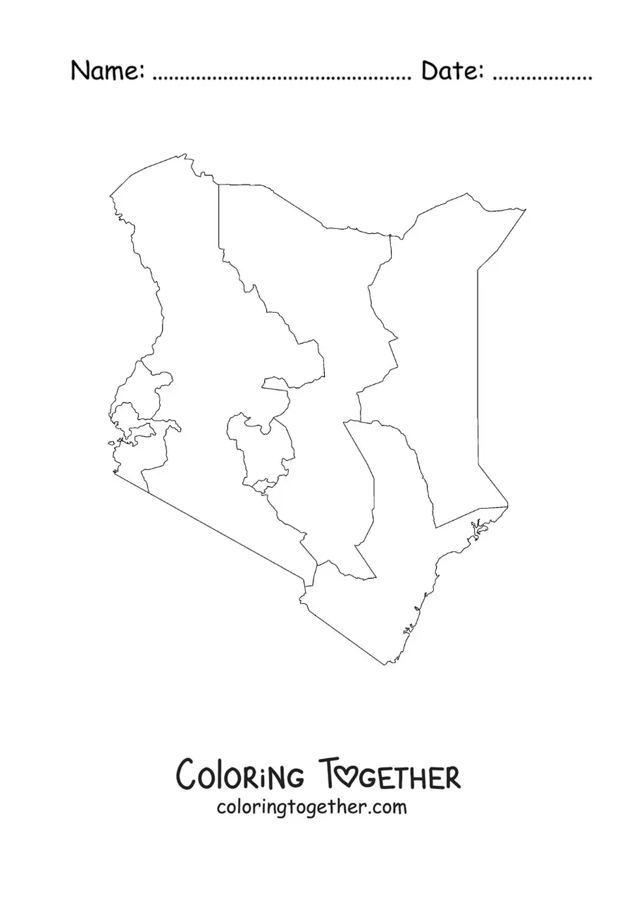Coloring page of a political map of Kenya