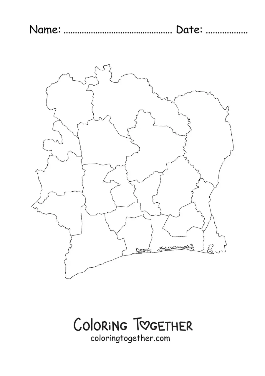 Coloring page of a political map of the Ivory Coast