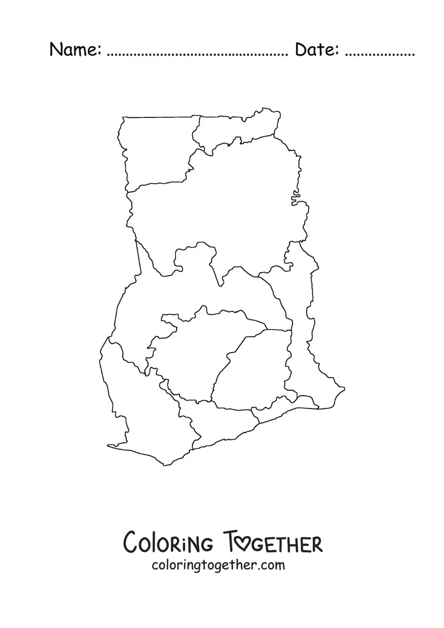 Coloring page of a political map of Ghana