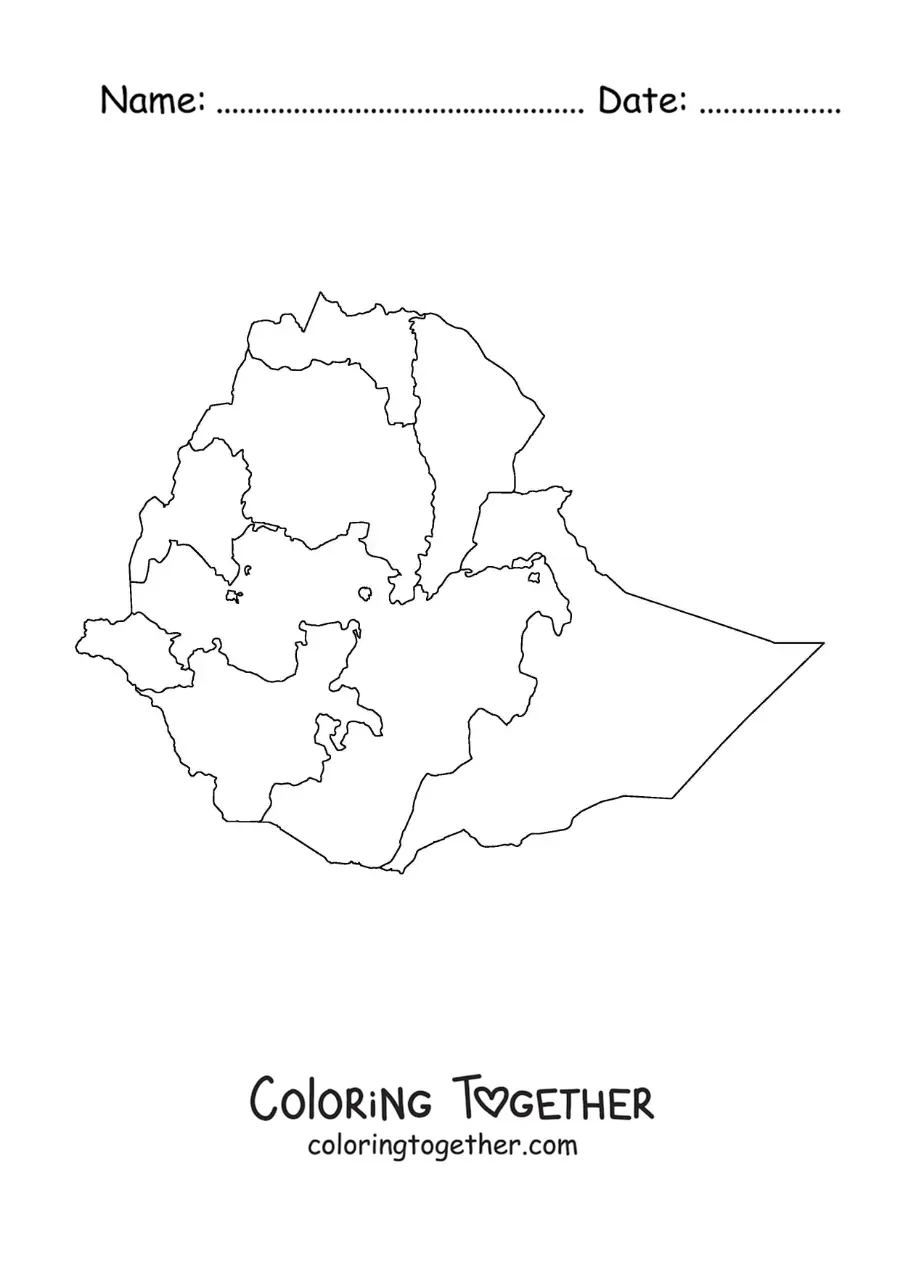 Coloring page of a political map of Ethiopia