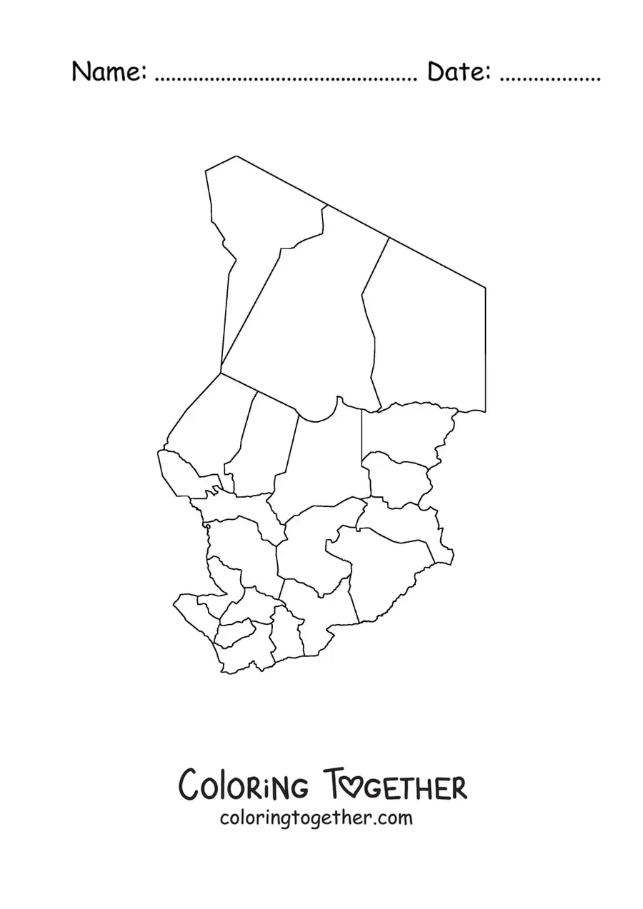 Coloring page of a political map of Chad