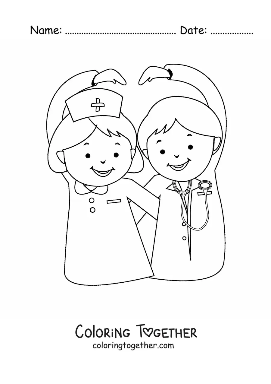 Coloring page of a doctor and a cartoon nurse