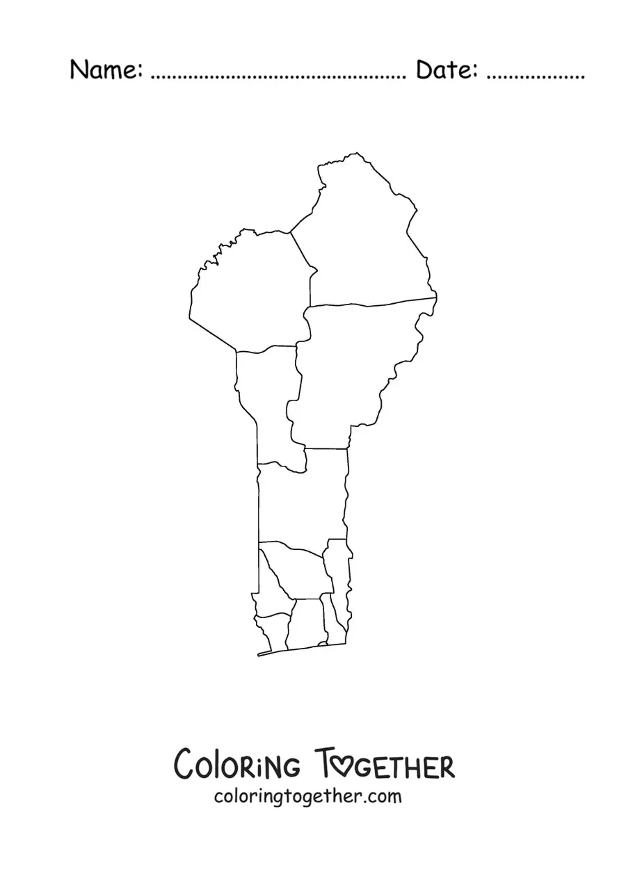 Coloring page of a political map of Benin