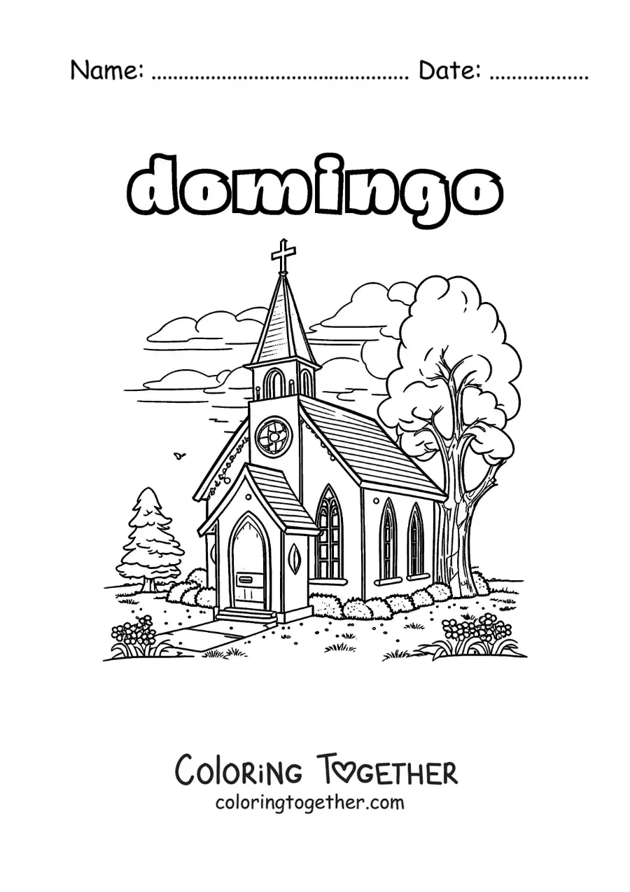 Coloring page of Sunday with a church