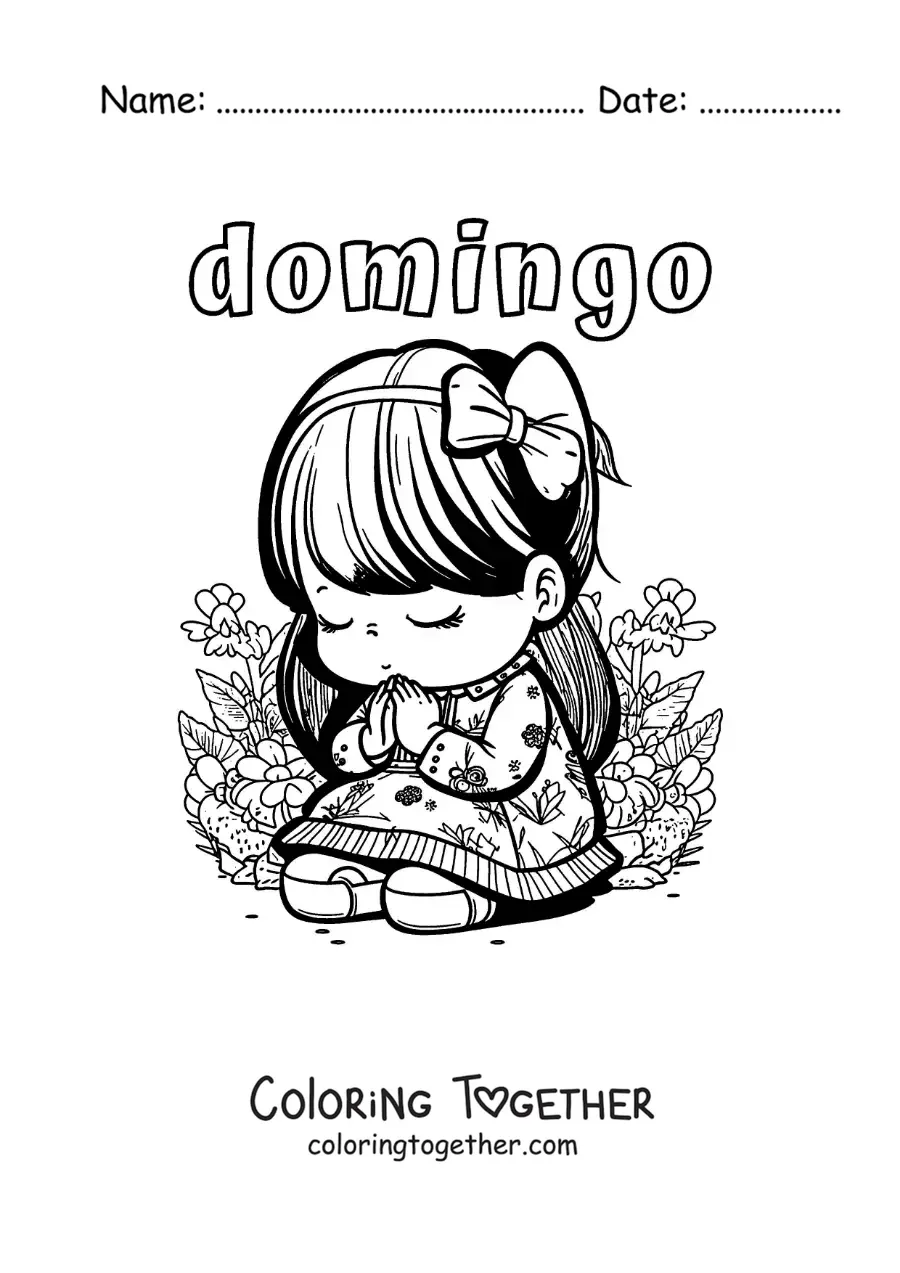 Coloring page of Sunday with a girl kneeling in prayer