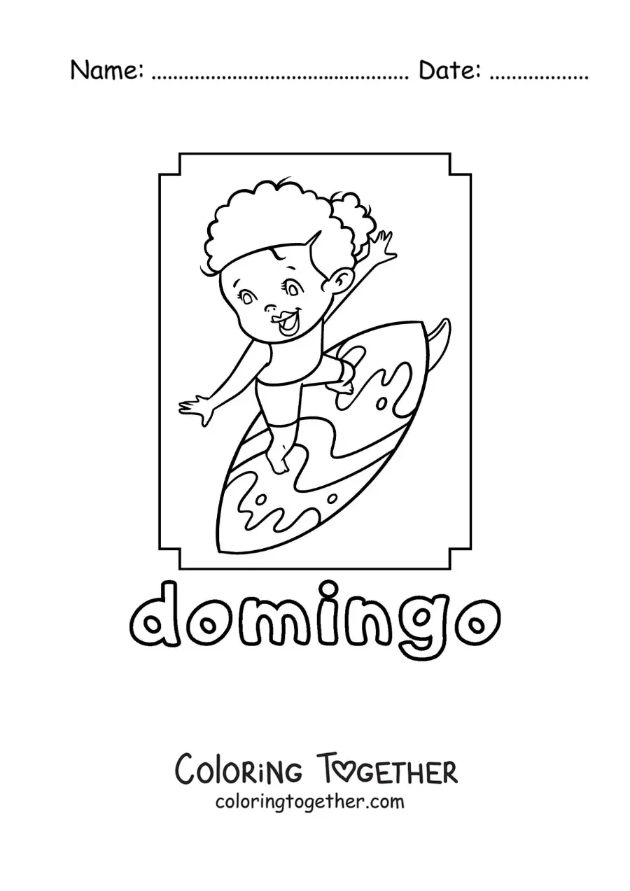 Coloring page of Sunday with a girl surfing