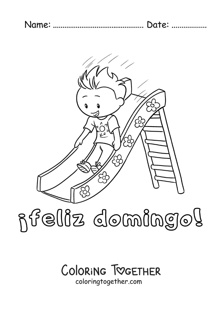 Coloring page of a happy Sunday with a boy playing on a slide