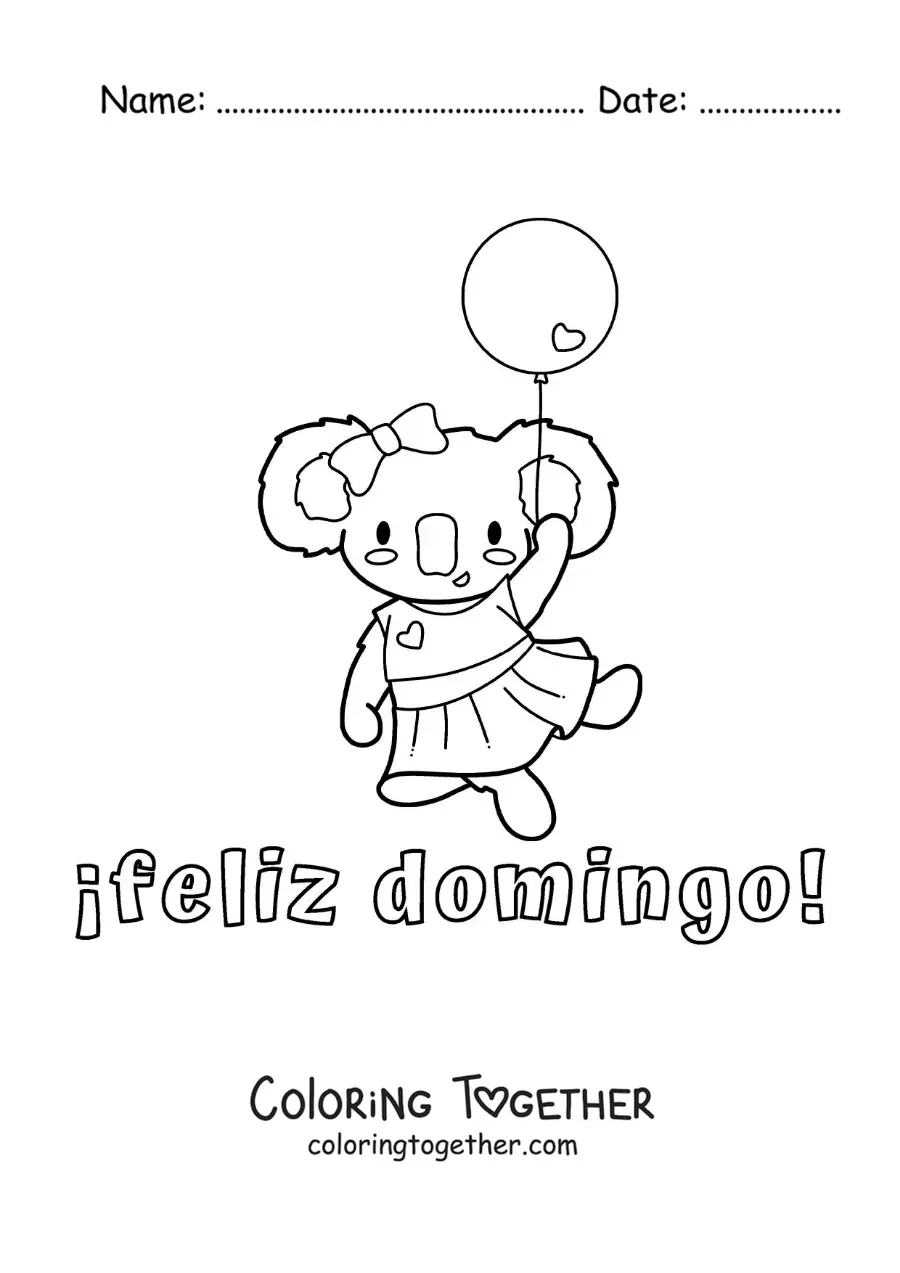 Coloring page of a happy Sunday with a cartoon koala