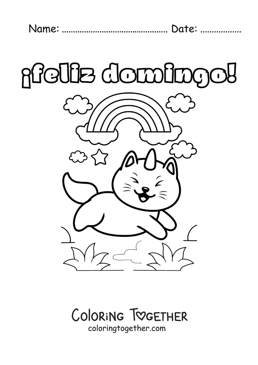 Coloring page of a happy Sunday with a kawaii cartoon unicorn cat and a rainbow