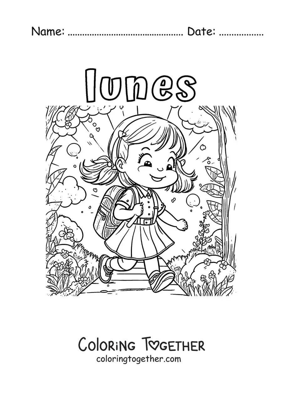 Coloring page of Monday with a girl walking to school