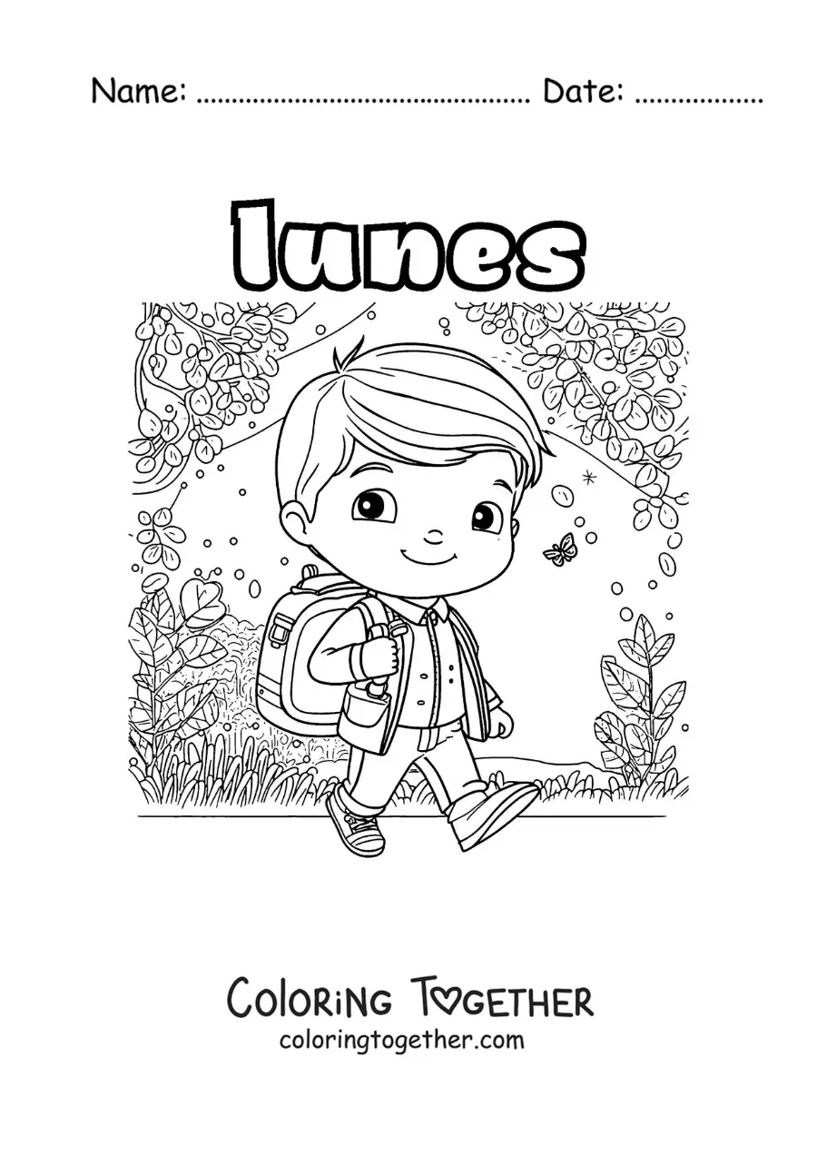 Coloring page of Monday with a boy walking to school