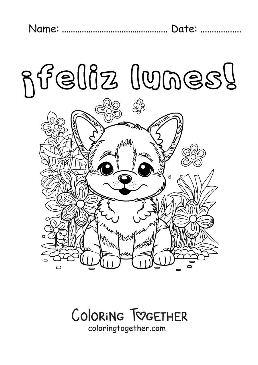 Coloring page of a happy Monday with a kawaii cartoon dog with flowers