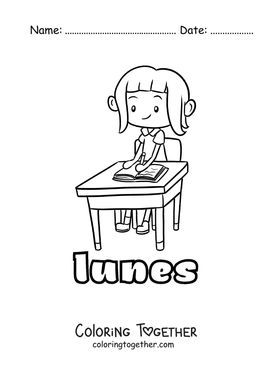 Coloring page of Monday with a girl studying at school