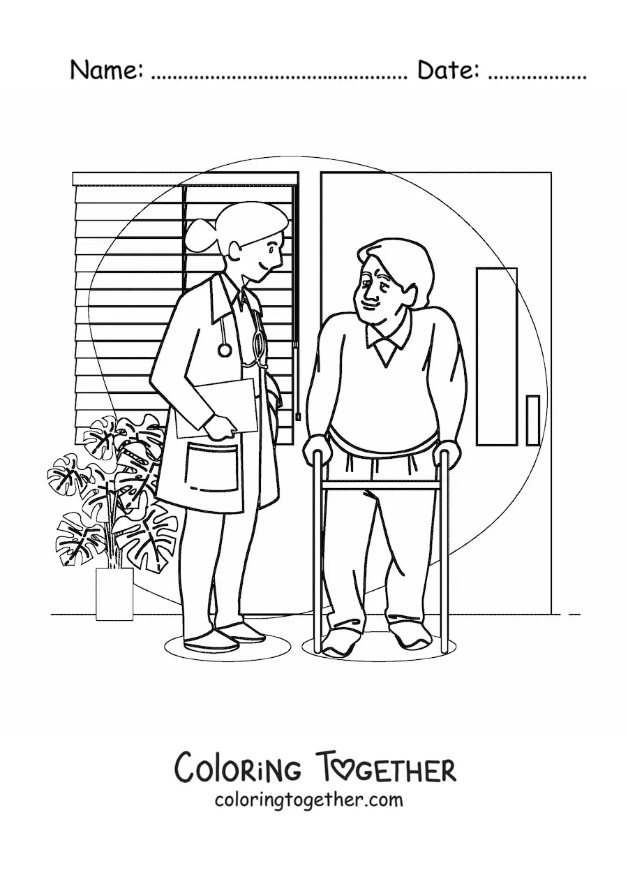 Coloring page of a female doctor talking with an older patient in an office