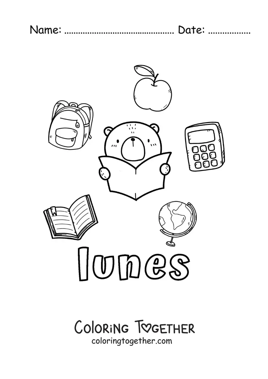 Coloring page of Monday with school supplies and a cartoon bear studying