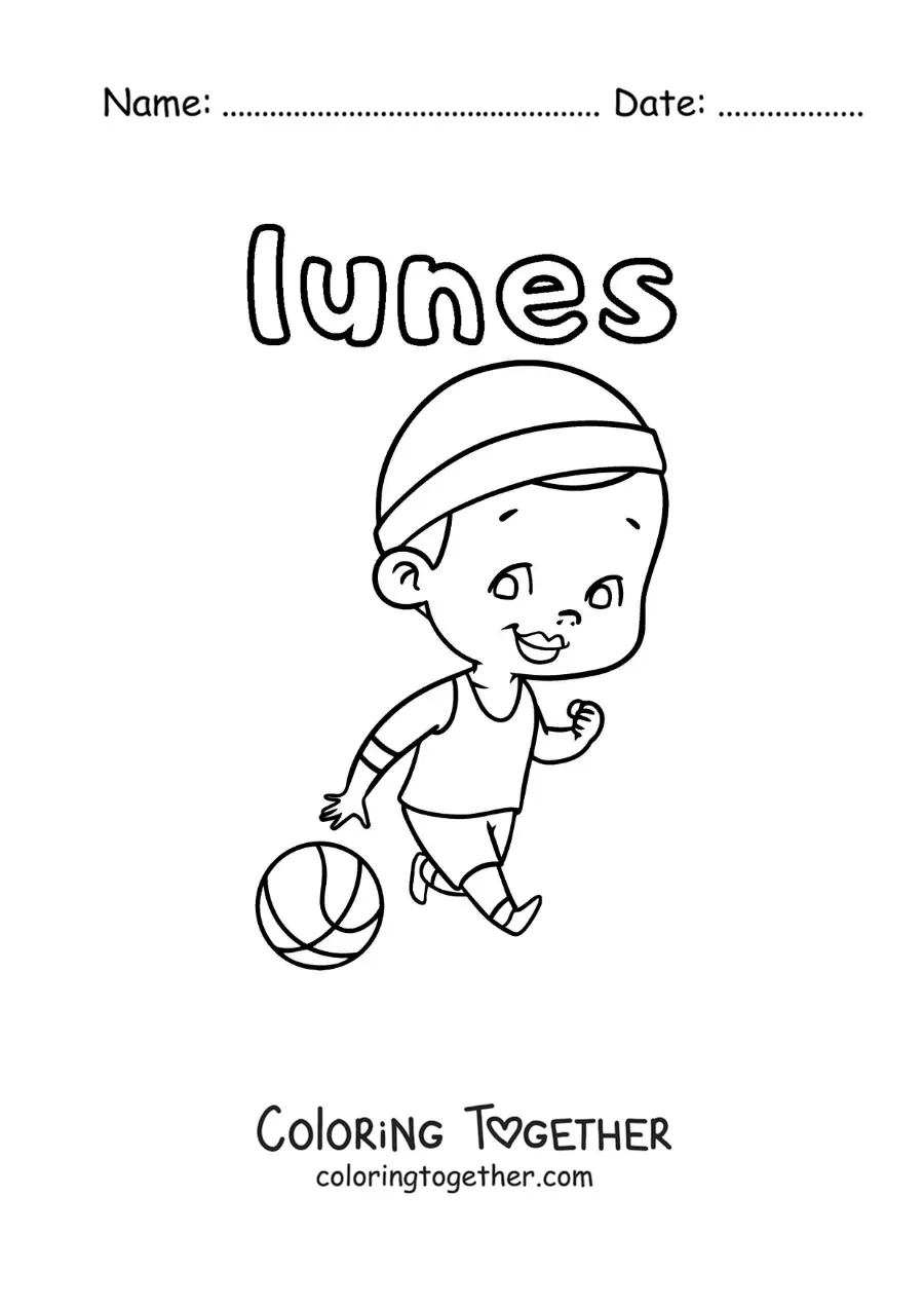 Coloring page of Monday with a boy playing basketball