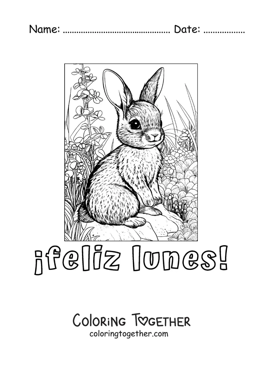 Coloring page of a happy Monday with a cute rabbit