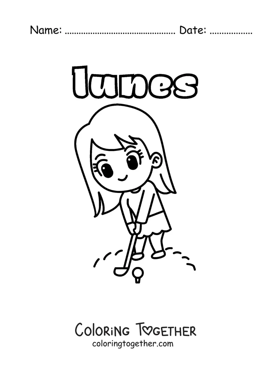 Coloring page of Monday with a girl playing golf