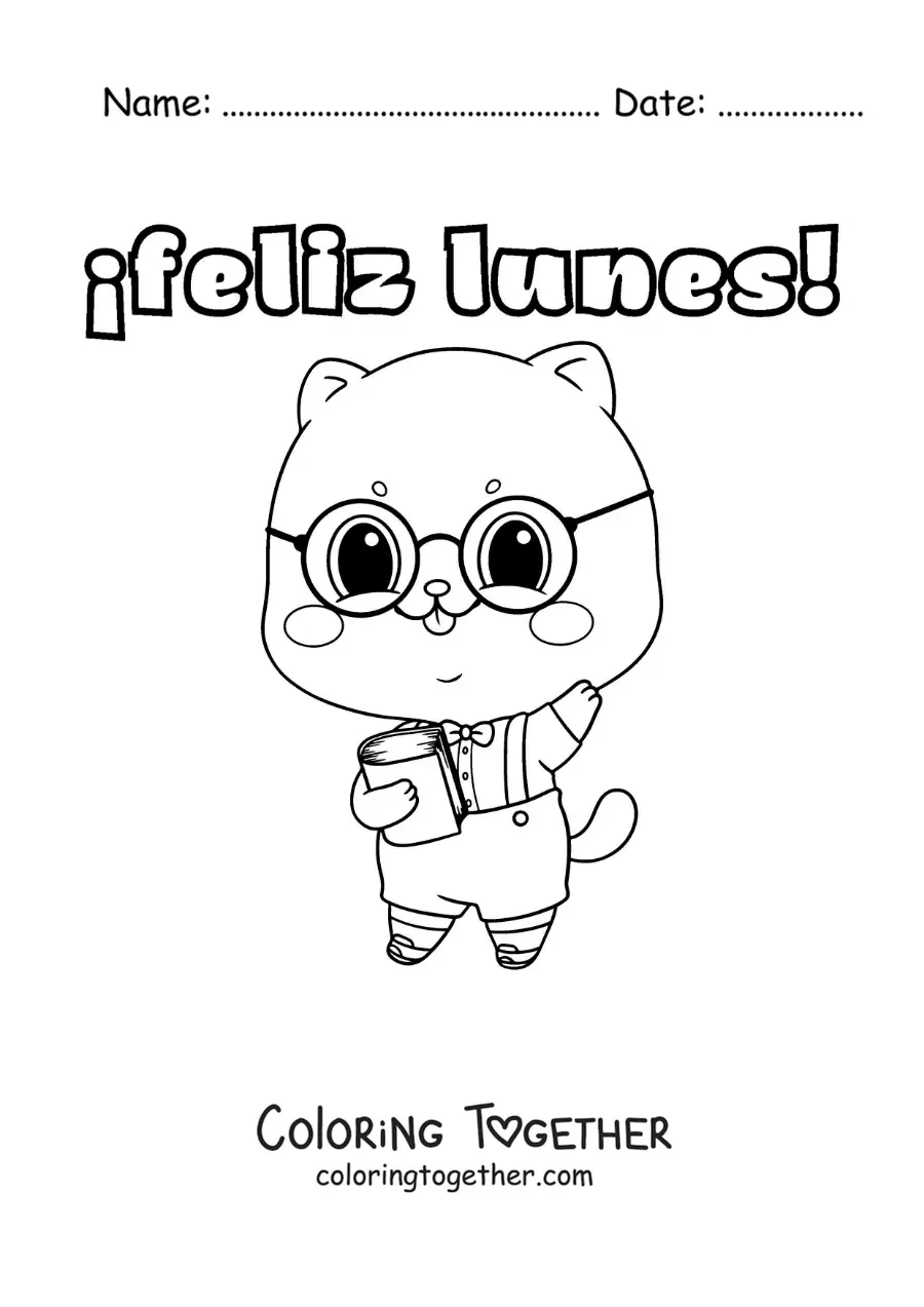 Coloring page of a happy Monday with a studious kawaii cartoon cat
