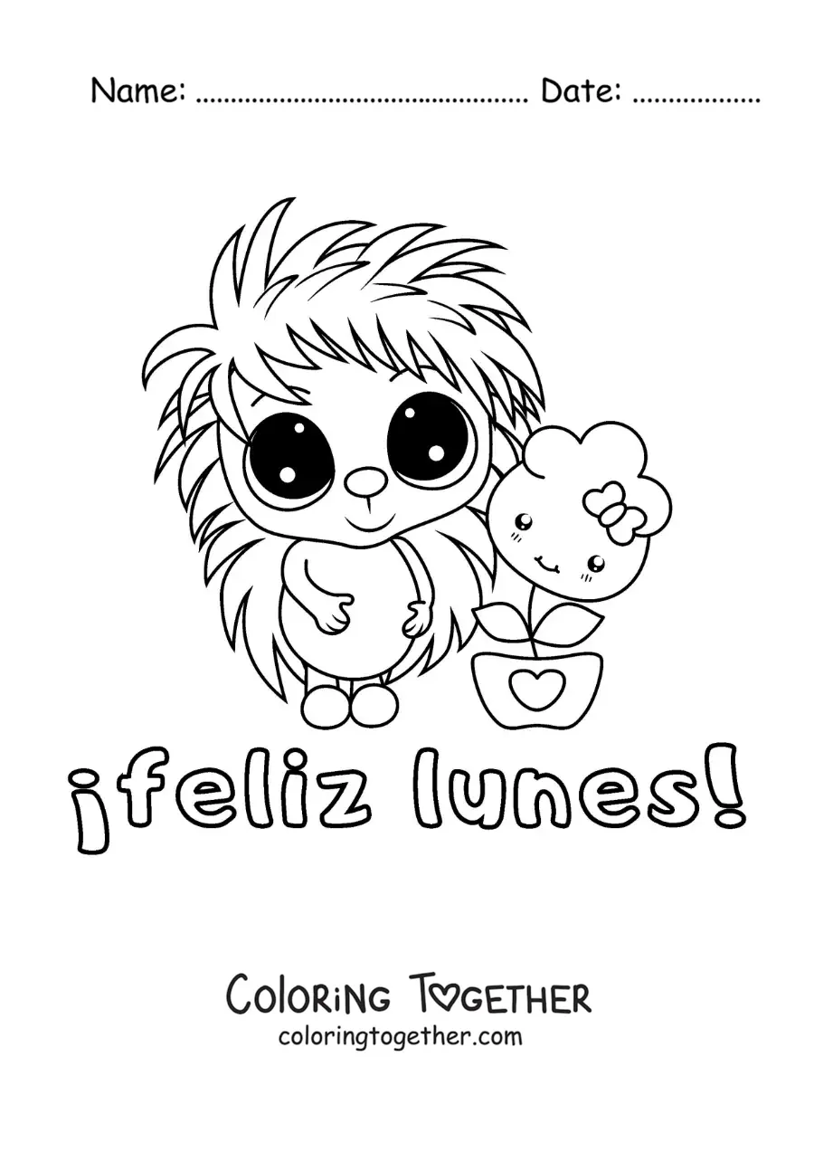 Coloring page of a happy Monday with a cute cartoon porcupine