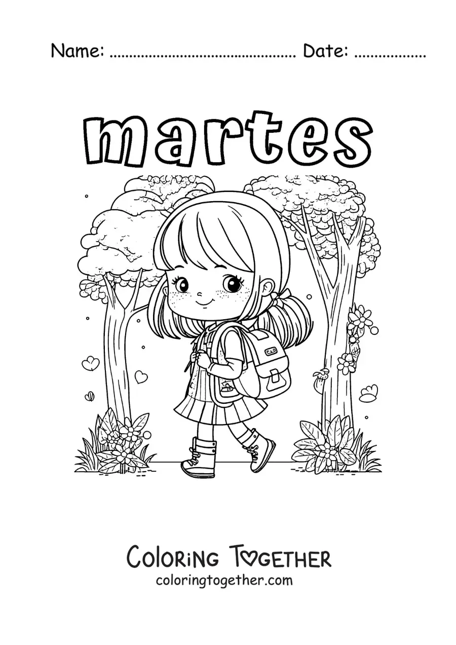 Coloring page of Tuesday with a girl on her way to class