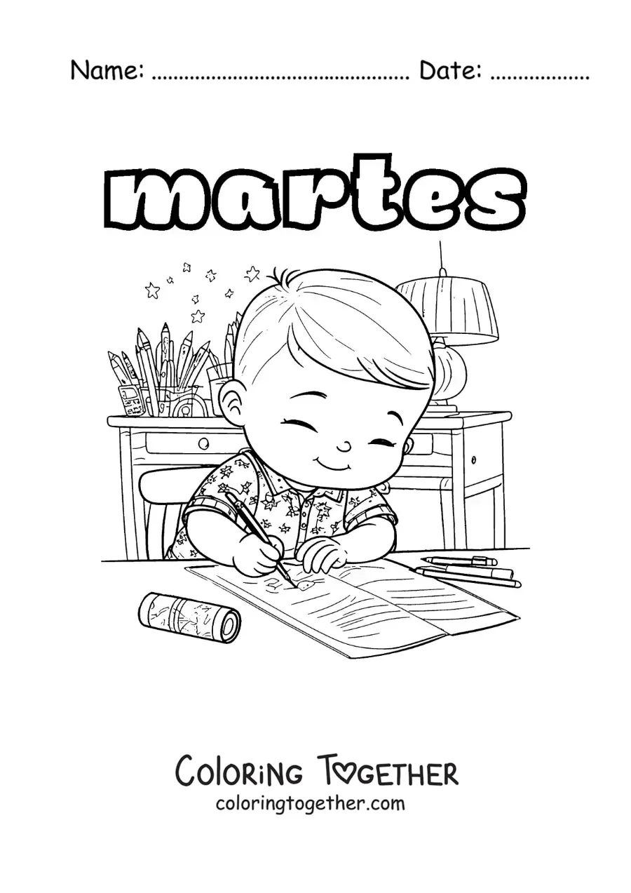 Coloring page of Tuesday with a boy doing homework