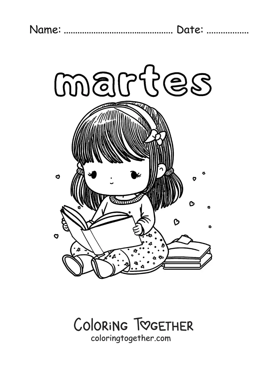 Coloring page of Tuesday with a girl reading a book