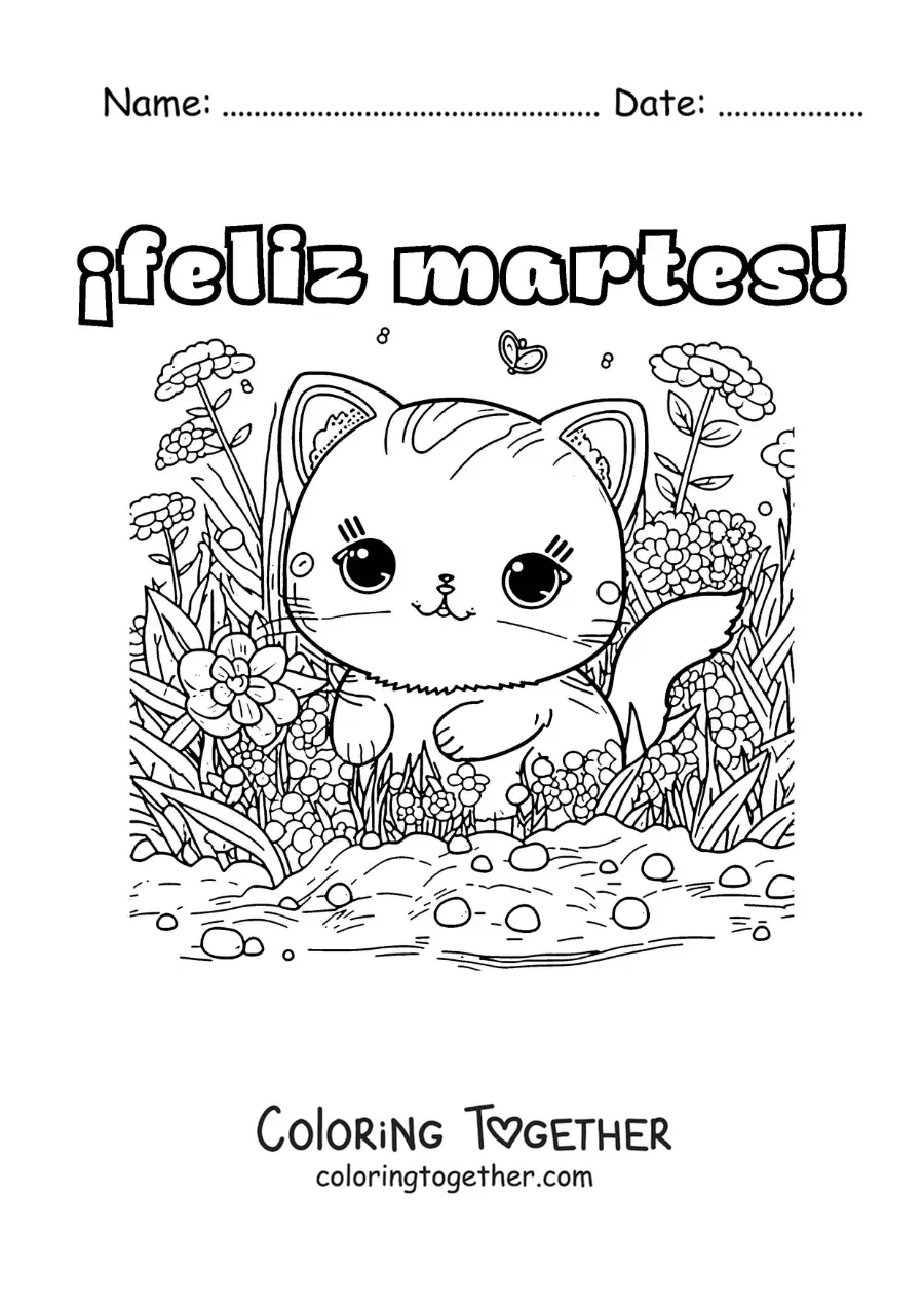 Coloring page of a happy Tuesday with a cute cat with flowers