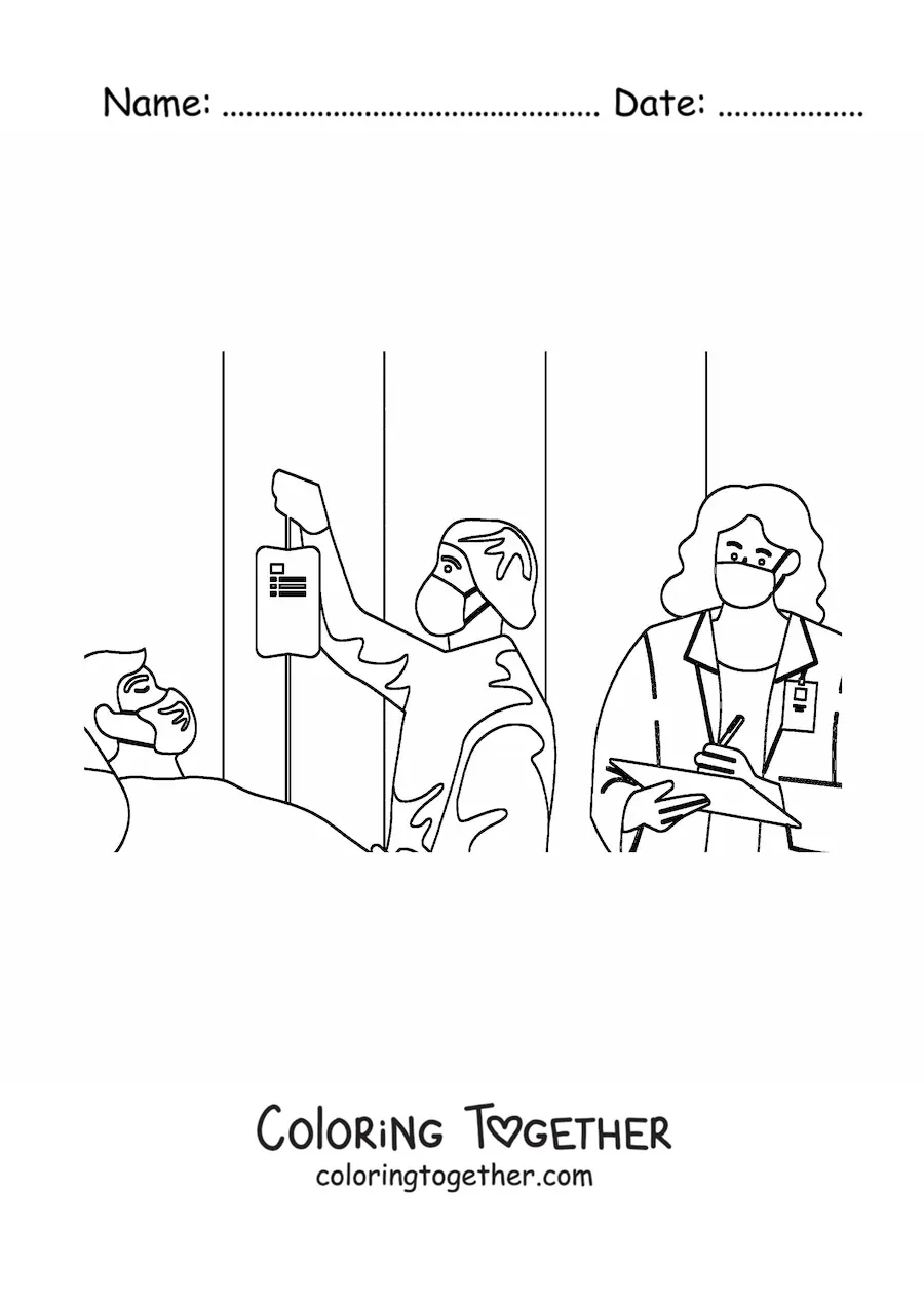 Coloring page of two doctors attending a hospitalized patient