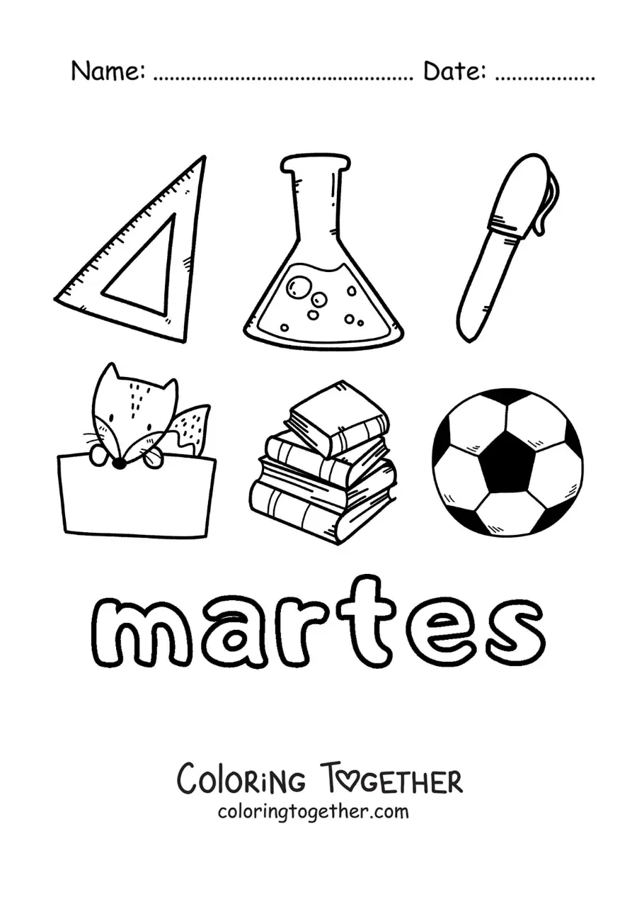 Coloring page of Tuesday with school supplies