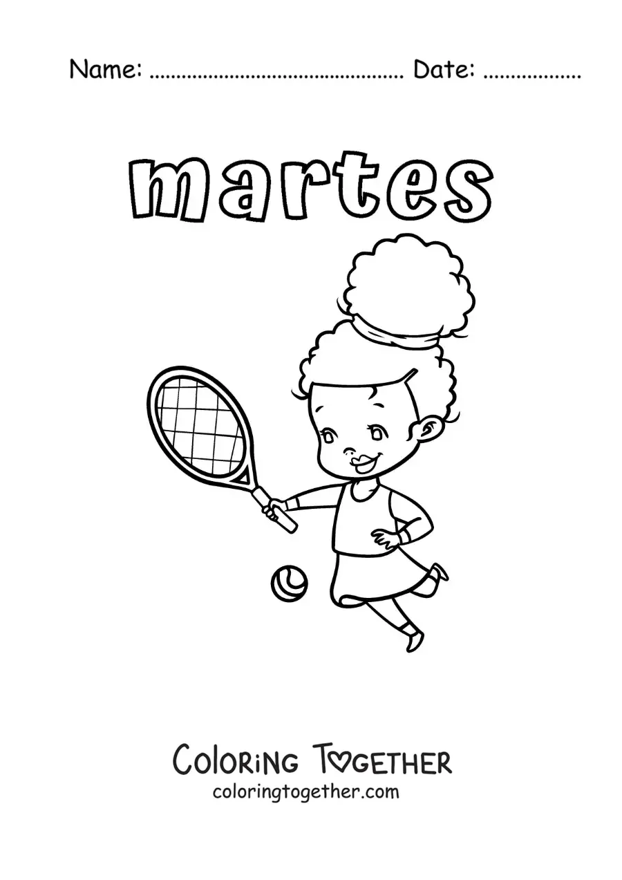 Coloring page of Tuesday with a girl playing tennis