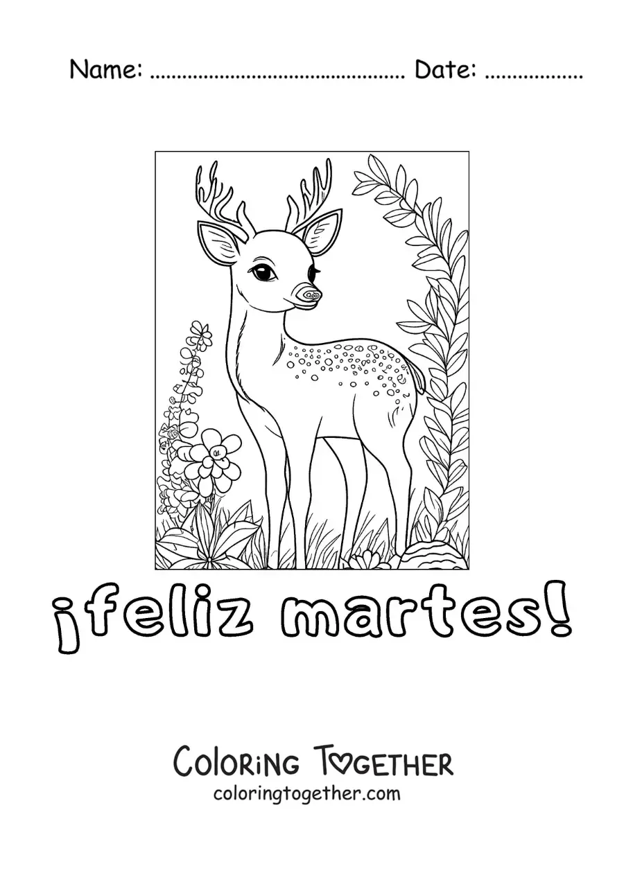 Coloring page of a happy Tuesday with a cute deer with flowers