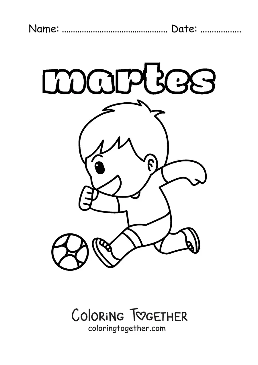 Coloring page of Tuesday with a boy playing soccer