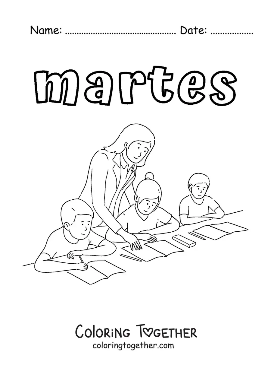 Coloring page of Tuesday with some children in class with the teacher