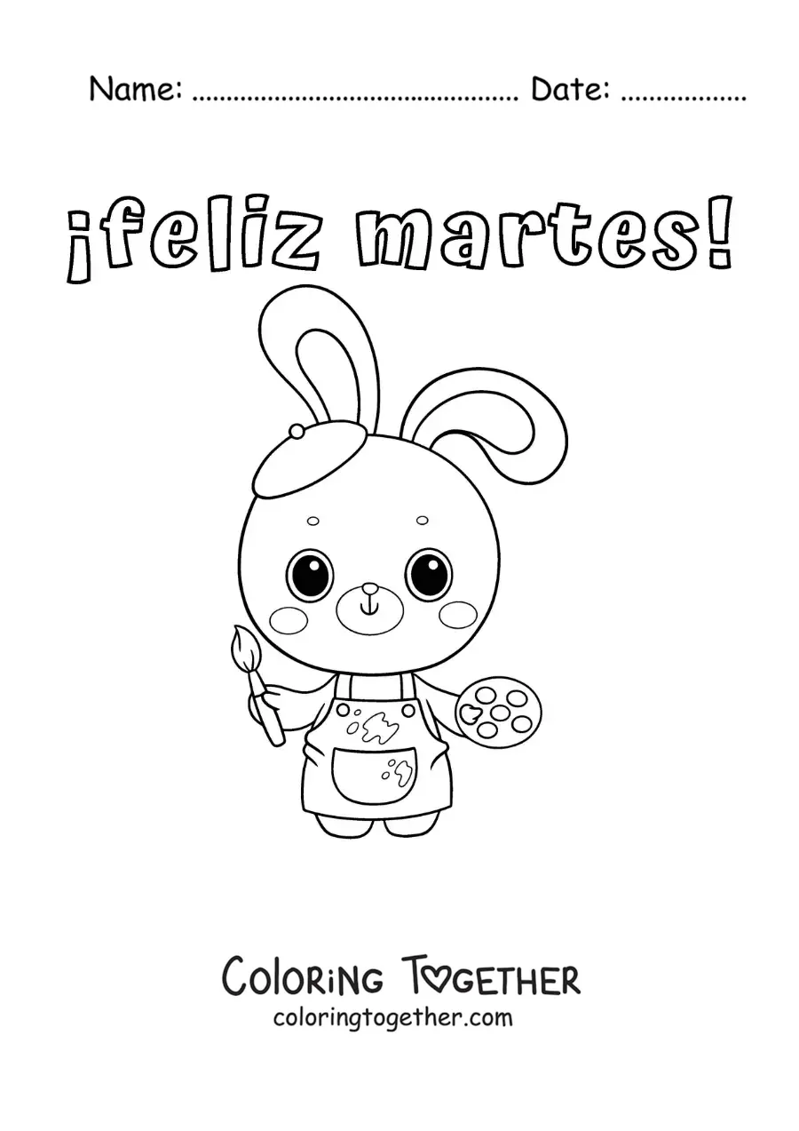 Coloring page of a happy Tuesday with a kawaii cartoon painter rabbit