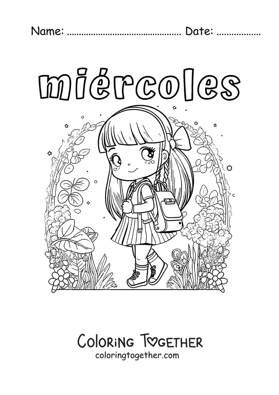 Coloring page of Wednesday with a girl walking to school