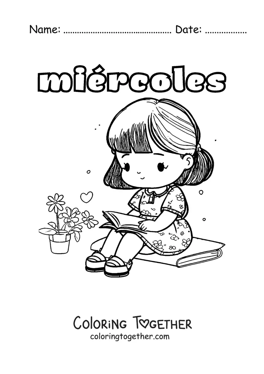 Coloring page of Wednesday with a kawaii girl reading a book