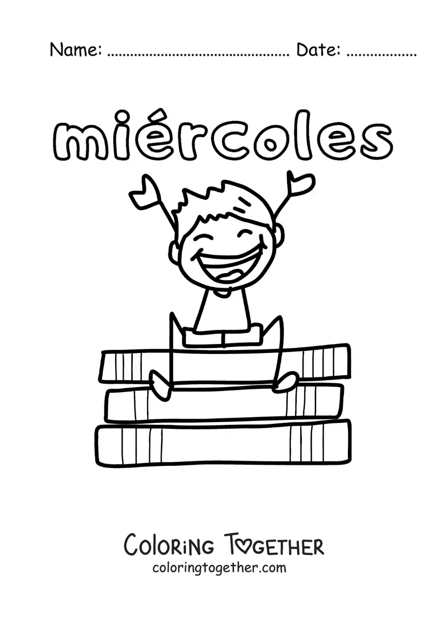 Coloring page of Wednesday with a happy boy sitting on some books