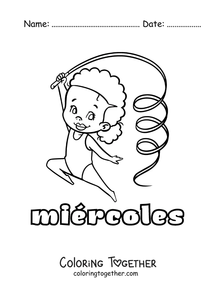 Coloring page of Wednesday with a girl doing gymnastics