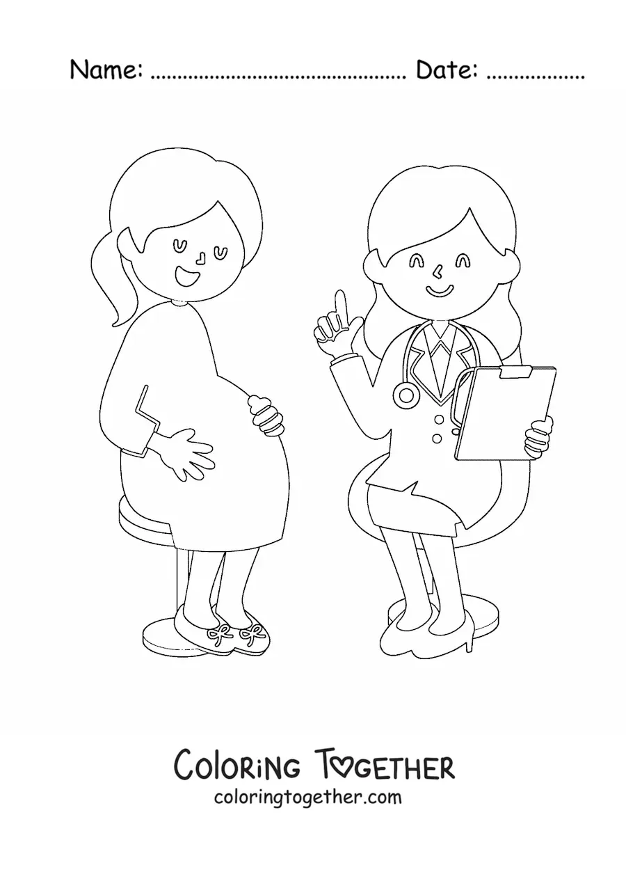 Coloring page of a gynecologist with a kawaii pregnant patient