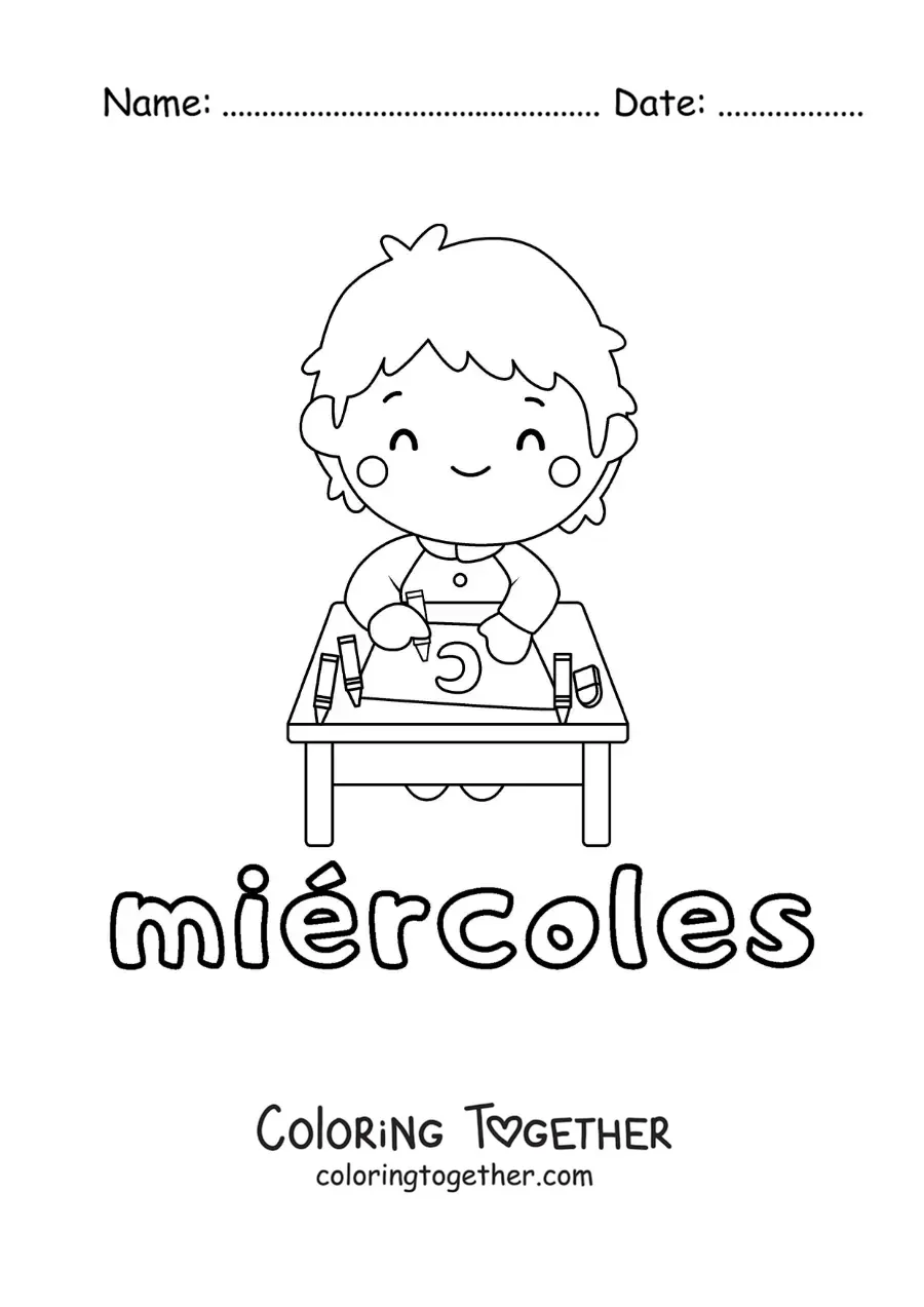 Coloring page of Wednesday with a boy studying in class