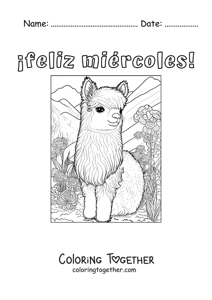 Coloring page of a happy Wednesday with a kawaii animal