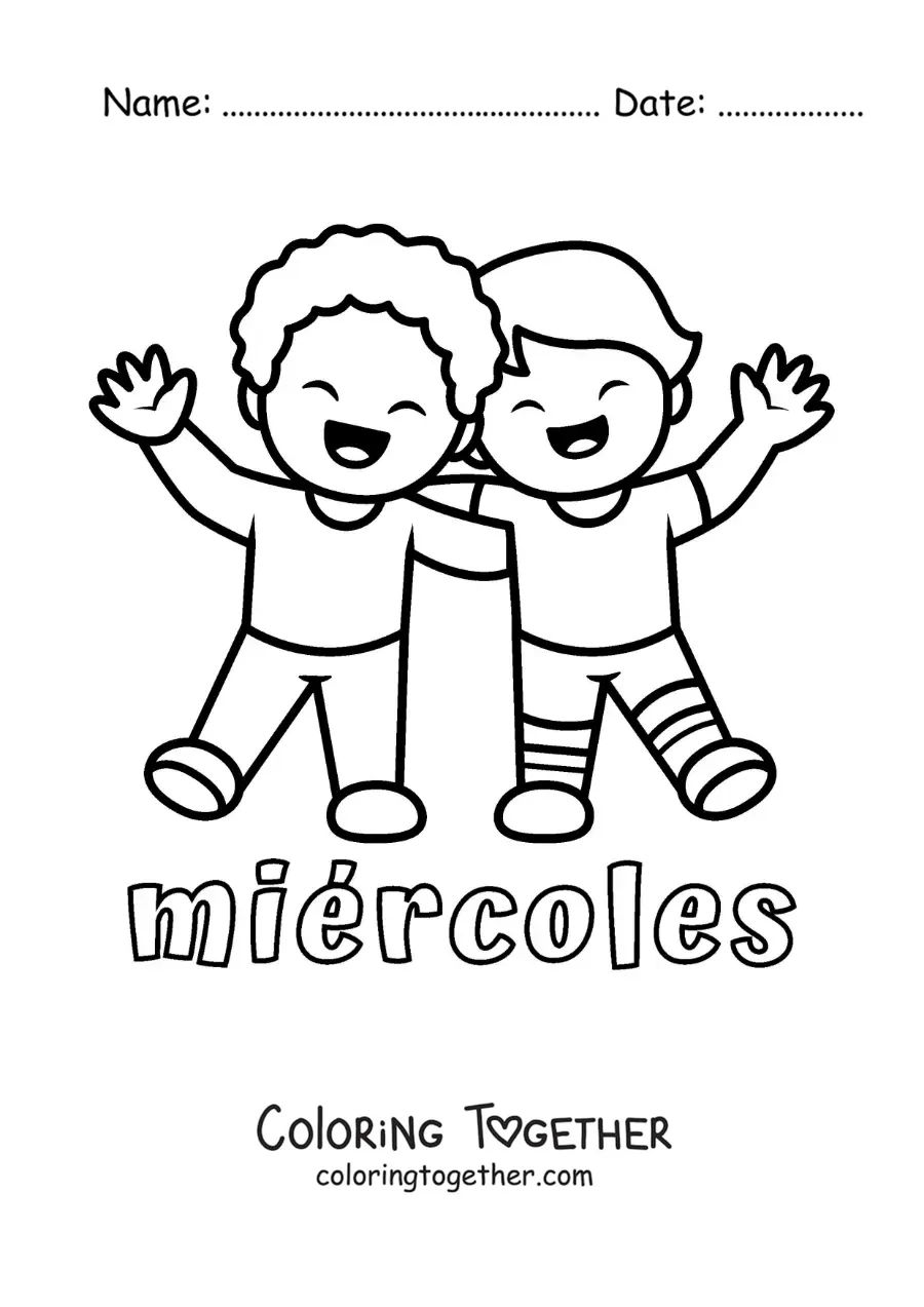 Coloring page of Wednesday with two friends hugging