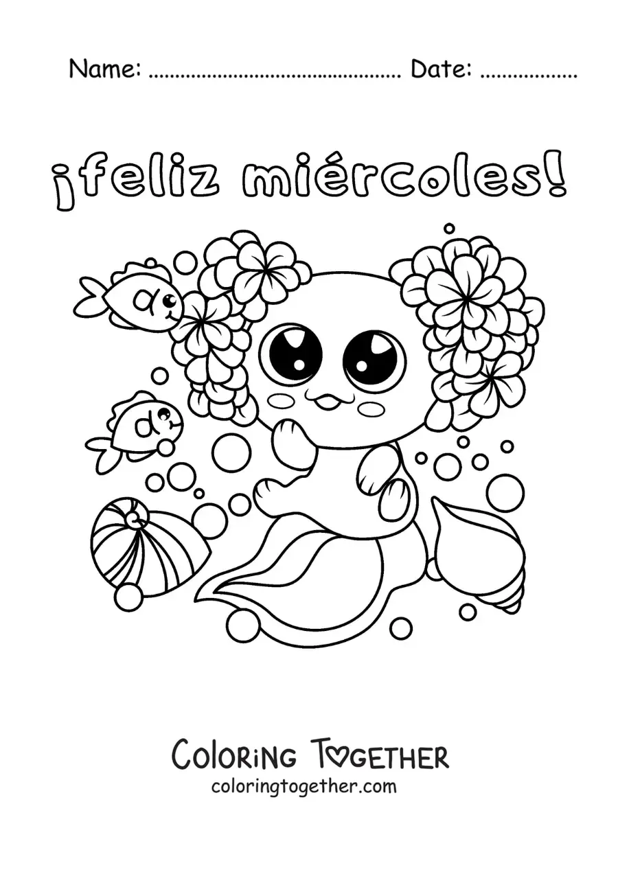 Coloring page of a happy Wednesday with a cute kawaii axolotl