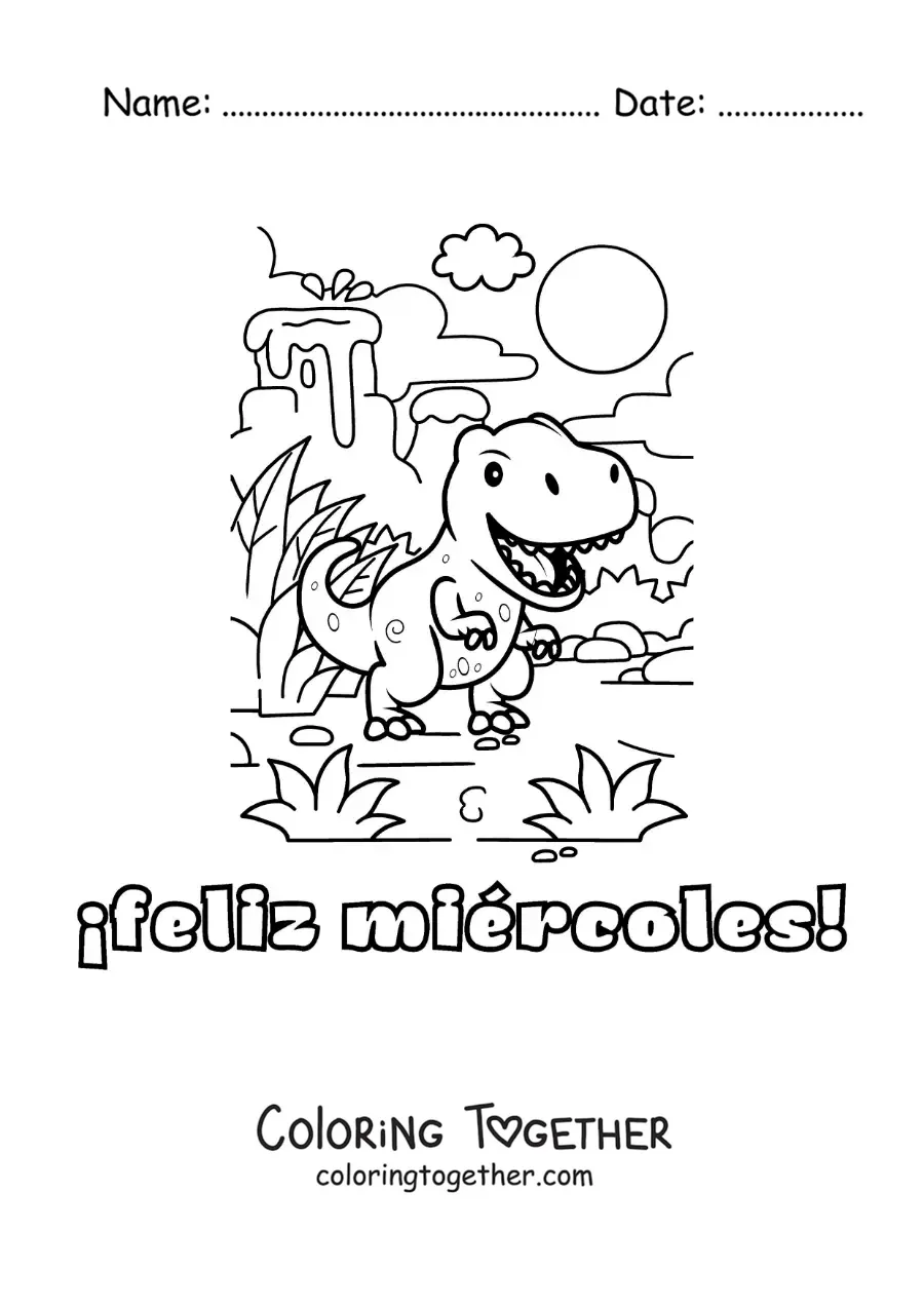 Coloring page of a happy Wednesday with a cartoon dinosaur