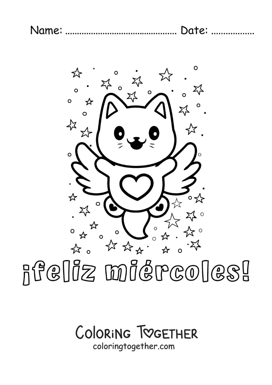 Coloring page of a happy Wednesday with a cute cartoon cat